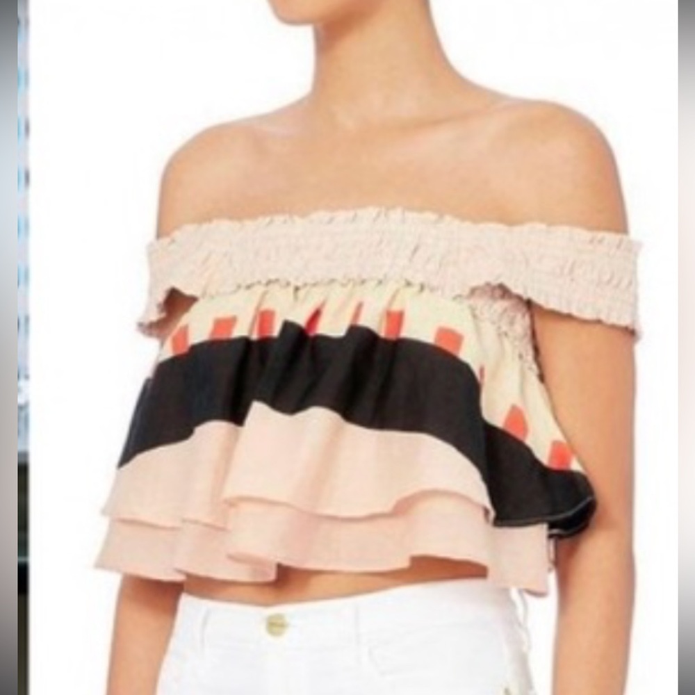 Apiece Apart Beige Black Coral Off-Shoulder Ruffled Crop Top